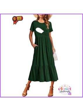 Women Nursing Maternity Maxi Dress Tiered A-Line with Pockets